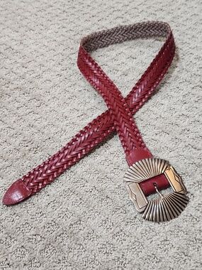 Milor Red Braided Leather Belt with Aztec Style Large Silver Buckle